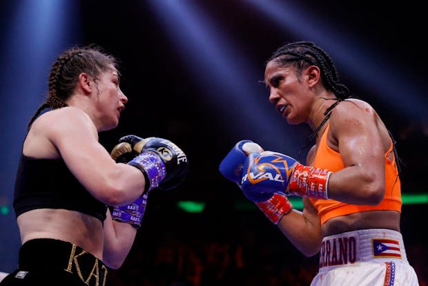 Katie Taylor of Ireland trades punches with Amanda Serrano of Puerto Rico (Photo by Sarah Stier/Getty Images)