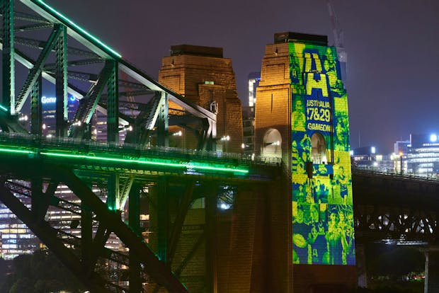 Sydney Harbour Bridge is lit in support of Rugby Australia's 2027 and 2029 Rugby World Cup bids, on May 12, 2022 (by Brett Hemmings/Getty Images for Rugby Australia)