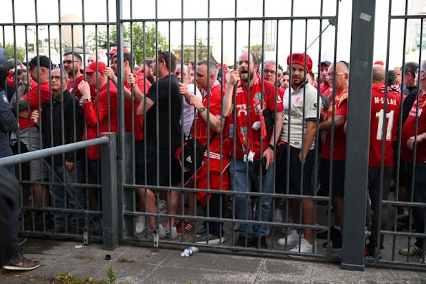 Liverpool fans queuing outside stadium prior to UEFA Champions League final match against Real Madrid at Stade de France (Photo by Matthias Hangst/Getty Images)