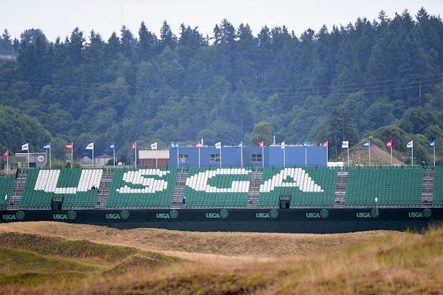 USGA logo seen across grandstand at 2015 U.S. Open at Chambers Bay, Washington.  (Photo by Harry How/Getty Images)
