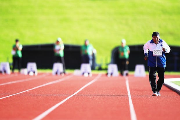 101-year-old sprinter Man Kaur competes at the 2017 World Masters Games in Auckland. (Photo by Hannah Peters/Getty Images)
