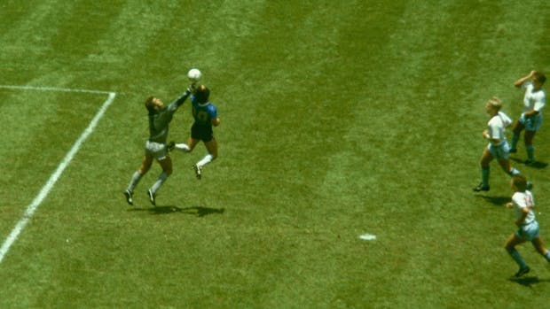 The famed "Hand of God" goal by Argentina's Diego Maradona during the 1986 World Cup. (Photo by Allsport/Getty Images)