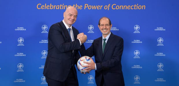 Fifa president Gianni Infantino and Algorand founder Silvio Micali at the time the original deal was announced. (Photo: Milken Institute).