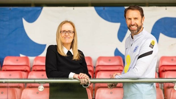 Gareth Southgate and Sarina Wiegman launch FA and M&S Food sponsorship. (Photo by The FA/M&S Food)