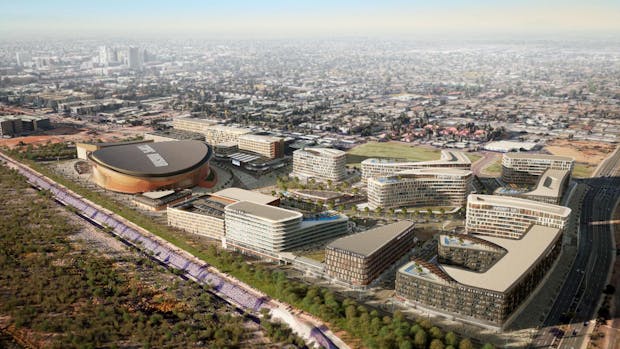 A rendering of the Arizona Coyotes' planned  arena and mixed-use development in Tempe, Arizona. (Arizona Coyotes)