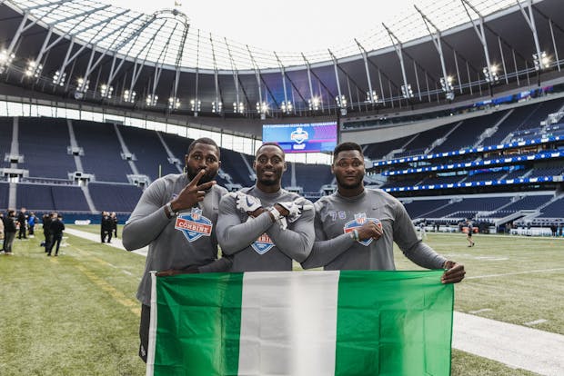 New York Giants offensive tackle Chigbo Roy Mbaeteka, Arizona Cardinals offensive lineman Haggai Chisom Ndubuisi, and Kansas City Chiefs tight end Kehinde Hassan Oginni signed with NFL teams after taking part in The Uprise talent-identification program (Credit: NFL Africa)