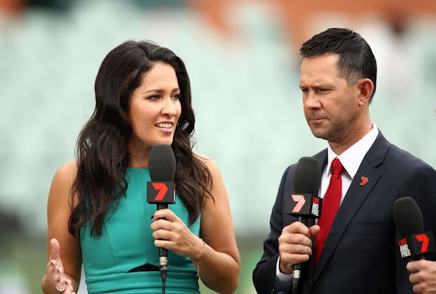 Seven presenter Mel McLaughlin and commentator Ricky Ponting at the Adelaide Oval. (Photo by Ryan Pierse/Getty Images)