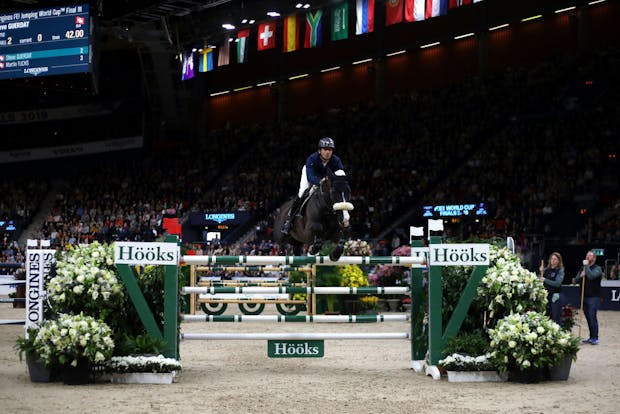 Steve Guerdat on Alamo during the 2019 FEI Jumping World Cup Final in Gothenburg, Sweden (by Charlie Crowhurst/Getty Images)