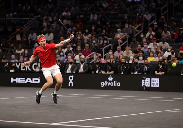 Denis Shapovalov of Team World plays a shot against Andrey Rublev and Alexander Zverev of Team Europe (Photo by Carmen Mandato/Getty Images for Laver Cup)