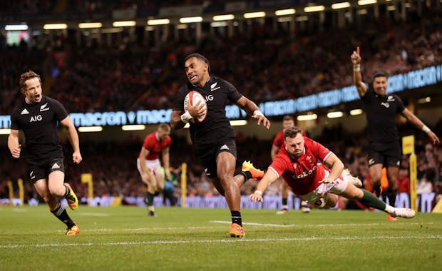 Sevu Reece of New Zealand scores during the Autumn International match against Wales, October 2021 in Cardiff. (Photo by Warren Little/Getty Images)