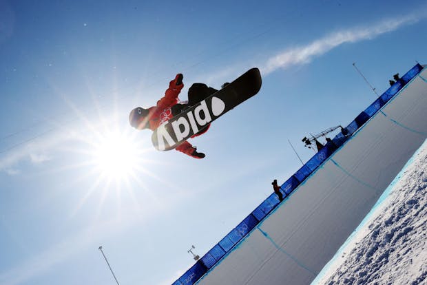 Queralt Castellet of Team Spain practices prior to winning silver in the women's snowboard halfpipe at the Beijing 2022 Winter Olympics (by Ezra Shaw/Getty Images)