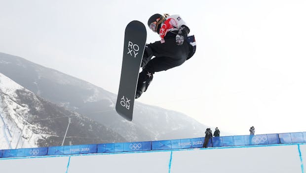 Chloe Kim of Team United States performs a trick during the Women's Snowboard Halfpipe Final at the Beijing 2022 Winter Olympics