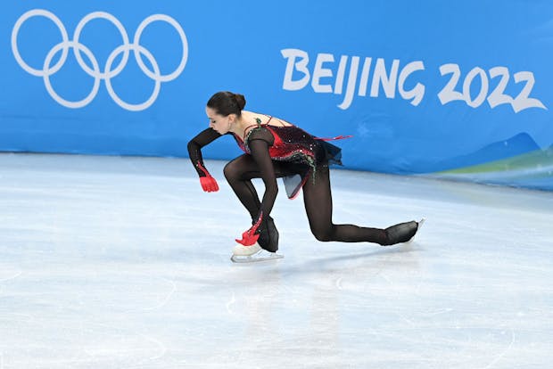Kamila Valieva of Team ROC falls during the women's single skating free skating at the Beijing 2022 Winter Olympic Games (by David Ramos/Getty Images)