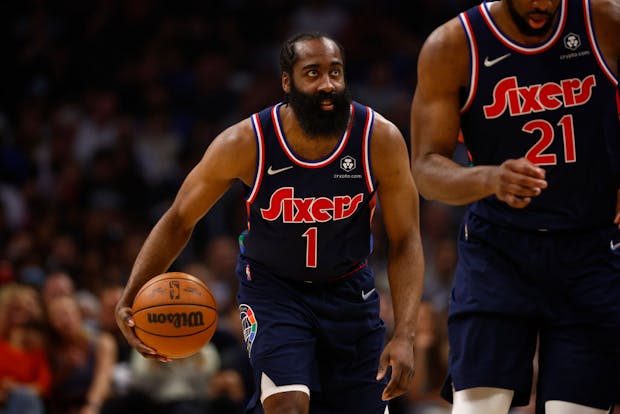 A jersey patch agreement between cryptocurrency exchange Crypto.com and the National Basketball Association's Philadelphia 76ers was part of a historic surge of sponsorship spending within the category. (Photo by Ronald Martinez/Getty Images)