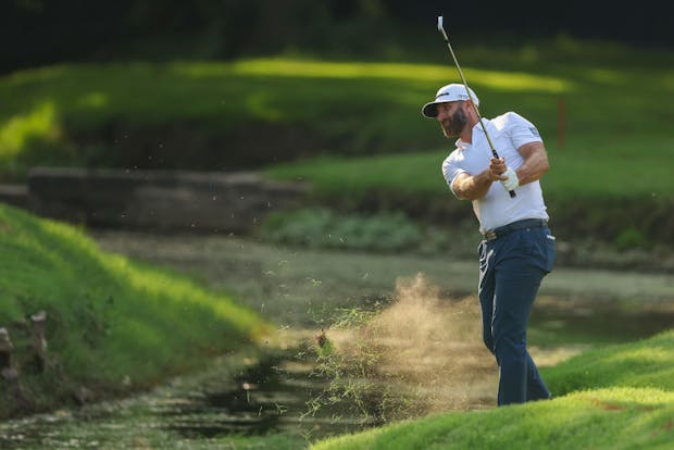 Dustin Johnson of the United States plays a shot on the 17th hole during the first round of the 2022 PGA Championship (Photo by Ezra Shaw/Getty Images)