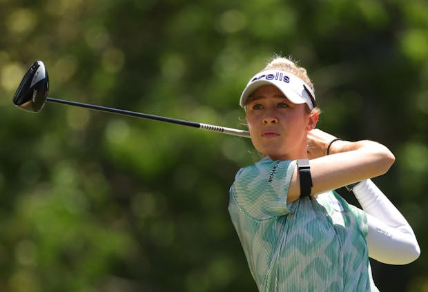 Nelly Korda plays her tee shot on the sixth hole during the third round of the 77th U.S. Women's Open (Photo by Kevin C. Cox/Getty Images)