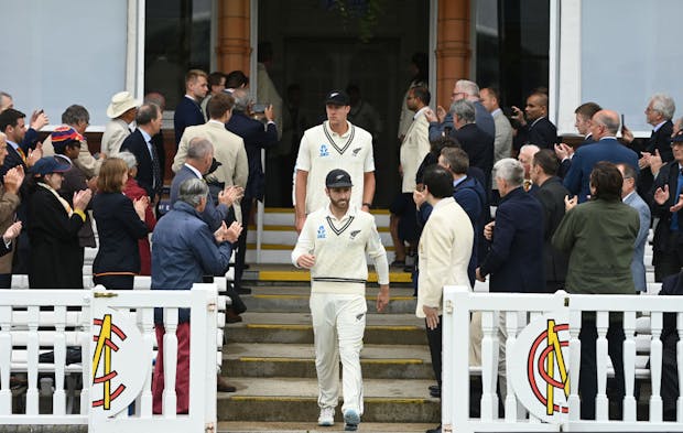 Kane Williamson leads New Zealand out during day four of the Test match against England at Lord's Cricket Ground, June 2022. (Photo by Gareth Copley/Getty Images)