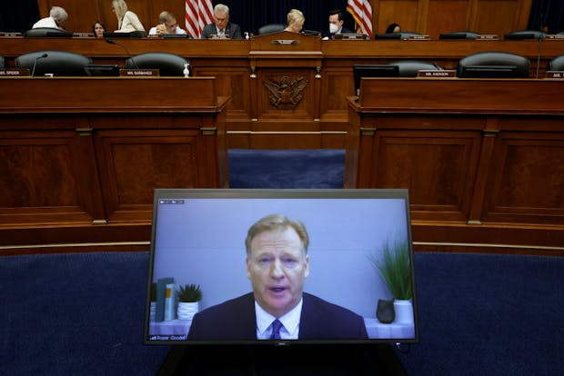 National Football League commissioner Roger Goodell appearing virtually in a hearing of the United States House of Representatives' Committee for Oversight and Reform. (Photo by Chip Somodevilla/Getty Images)