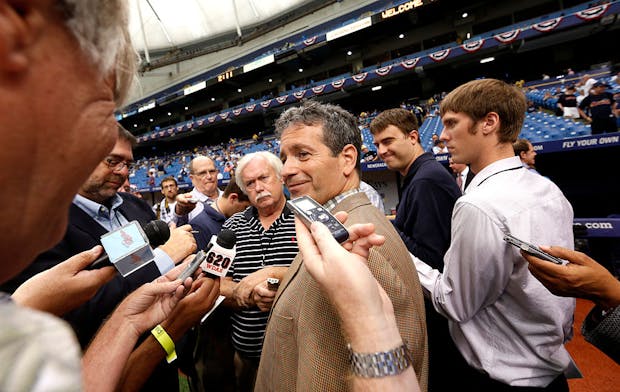 Stu Sternberg (center), principal owner of Major League Baseball's Tampa Bay Rays. (Photo by Brian Blanco/Getty Images)