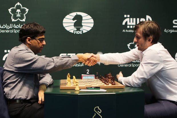 Indian grandmaster Viswanathan Anand and Alexander Grischuk compete in December 2017, in Riyadh, Saudi Arabia. (Photo by Salah Malkawi/ Getty Images)