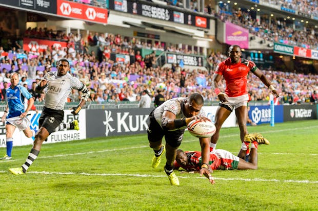 Action from the Hong Kong Sevens match between Fiji and Kenya in 2018. (Photo by Power Sport Images/Getty Images for HSBC)