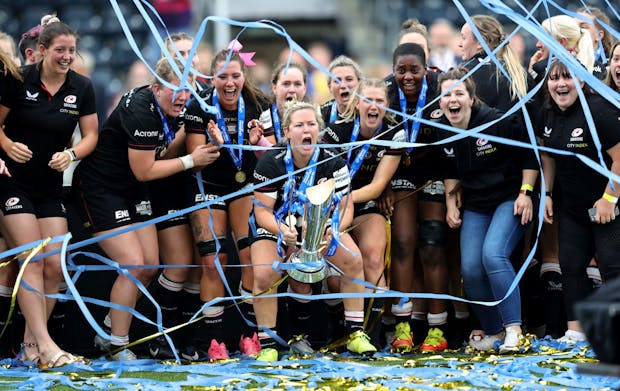 Saracens Women celebrate winning the Premier15s in 2022