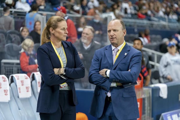 Will Wilson (r), outgoing chief executive and secretary general of the United States Soccer Federation, with Cindy Parole Cone, USSF president. (Photo by Brad Smith/ISI Photos/Getty Images)