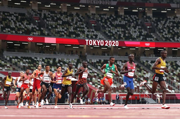 A general view of runners competing in the Men's 5000 metres final on day fourteen of the Tokyo 2020 Olympic Games (Photo by Christian Petersen/Getty Images)