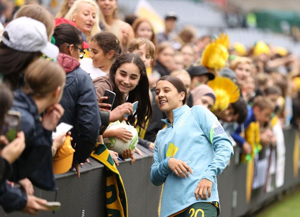 Australia and Chelsea forward Sam Kerr greets fans at Stadium Australia in Sydney. (Photo by Cameron Spencer/Getty Images)