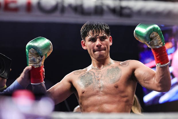 Ryan Garcia celebrates defeating Emmanuel Tagoe in their Lightweight bout at the Alamodome (Photo by Carmen Mandato/Getty Images)