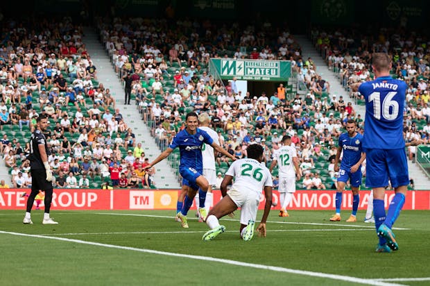 Turkish international Enes Unal celebrates scoring for Getafe during LaLiga match v Elche on May 22, 2022 (by Francisco Macia/Quality Sport Images/Getty Images)