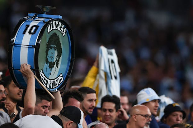Argentina fans holds up a drum bearing the portrait of Diego Maradona (Photo by Jonathan Moscrop/Getty Images)