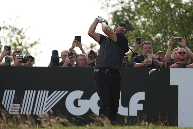 Phil Mickelson tees off on 16th hole during LIV Golf Invitational at The Centurion Club on in St Albans, England (Photo by Matthew Lewis/Getty Images)