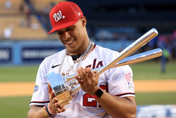 Washington Nationals outfielder Juan Soto after winning Major League Baseball's 2022 Home Run Derby in Los Angeles, California. (Photo by Sean M. Haffey/Getty Images)