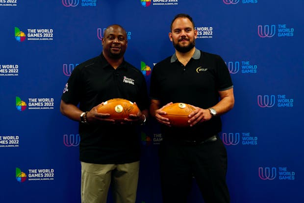 Troy Vincent, the NFL’s vice president of football operations (left) and IFAF president Pierre Trochet 