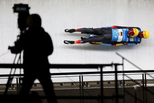 Toni Eggert and Sascha Benecken of Germany compete in team relay at 2021-22 Luge World Cup in Beijing (by Lintao Zhang/Getty Images)