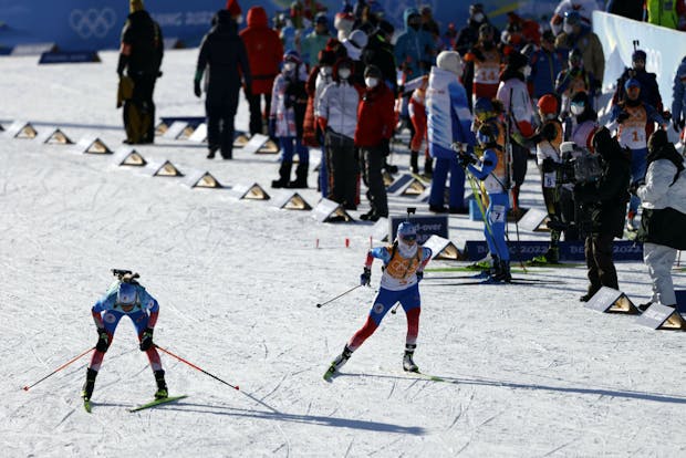 Kristina Reztsova and Svetlana Mironova of Team Russia at the 2022 Winter Olympic Games (Christophe Pallot/Agence Zoom/Getty Images)