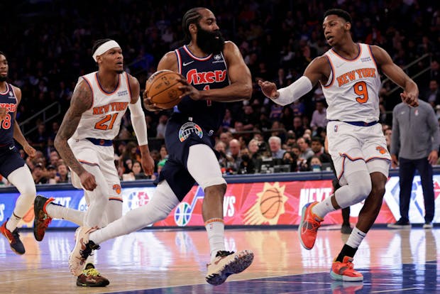 James Harden of the National Basketball Association's Philadelphia 76ers (c), facing the New York Knicks last season. The 76ers are set to return on Christmas Day to Madison Square Garden in New York. (Photo by Adam Hunger/Getty Images)