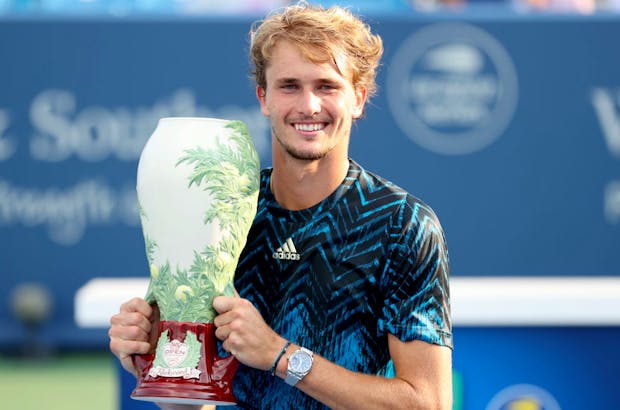  Alexander Zverev of Germany poses with the winner's trophy after defeating Andrey Rublev of Russia during the final of the Western & Southern Open at Lindner Family Tennis Center on August 22, 2021 in Mason, Ohio.  (Credit: Getty Images)