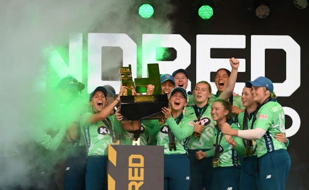 The Oval Invincibles celebrate winning the inaugural ECB Women's Hundred last year. (Photo by Tom Jenkins/Getty Images).