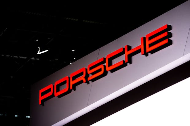 Porsche logo is displayed during the first press day at the 89th Geneva International Motor Show (Photo by Robert Hradil/Getty Images)