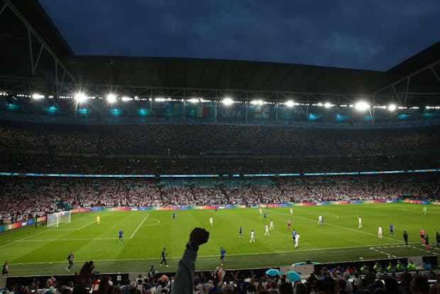 A general view of Wembley Stadium as dusk sets during the UEFA Euro 2020 Championship Final (Photo by Robbie Jay Barratt - AMA/Getty Images)