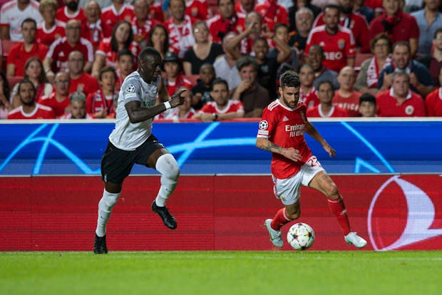 Rafa Silva of Benfica tries to escape Abdoulaye Seck of Maccabi Haifa (Photo by Carlos Rodrigues/Getty Images)