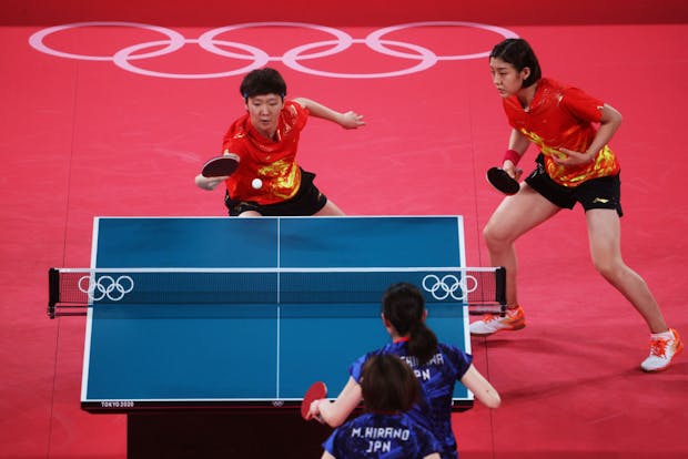 Wang Manyu and Chen Meng of Team China in action at the Tokyo 2020 Olympics (Photo by Chris Graythen/Getty Images)
