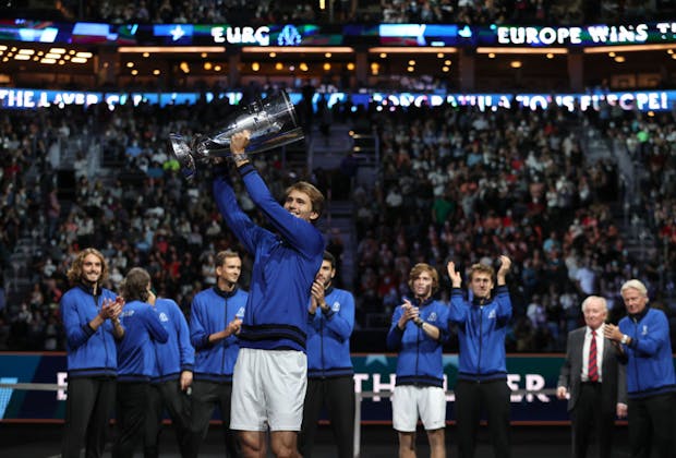 Alexander Zverev holds the trophy after Team Europe defeated Team World during the 2021 Laver Cup in Boston (by Clive Brunskill/Getty Images for Laver Cup)