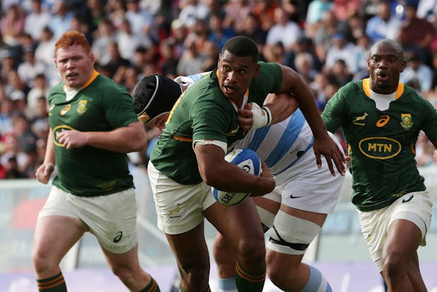 Damian Willemse of South Africa attempts to avoid a tackle during the Rugby Championship match against Argentina (by Daniel Jayo/Getty Images)
