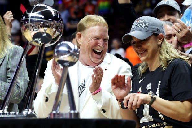 Las Vegas Aces owner Mark Davis (l) and coach Becky Hammon celebrate the team winning the 2022 Women's National Basketball Association Finals. (Photo by Maddie Meyer/Getty Images)