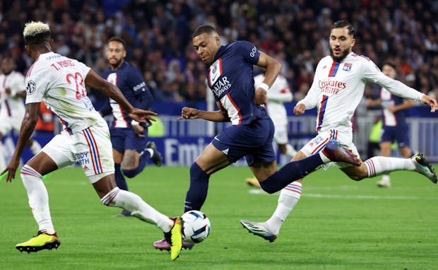 Kylian Mbappe of Paris Saint-Germain in action during the Ligue 1 match against Olympique Lyonnais (Photo by Xavier Laine/Getty Images)