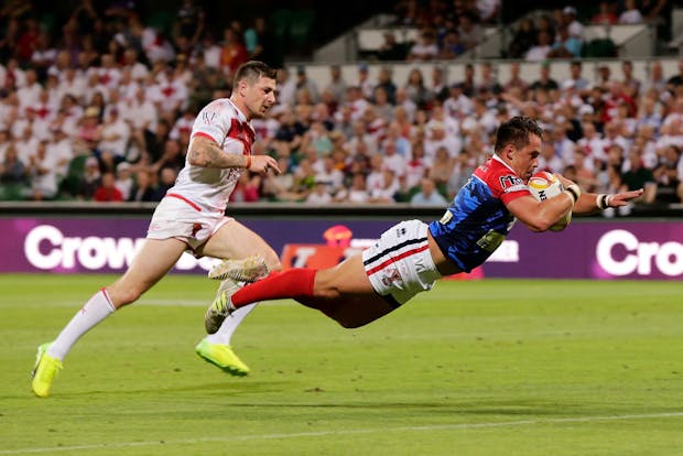Lucas Albert of France in action during the 2017 Rugby League World Cup match against England (by Will Russell/Getty Images)