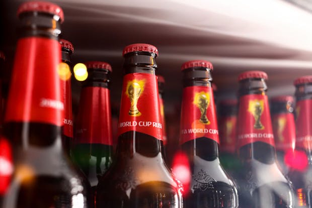 Fifa World Cup 2018 branded Budweiser beer bottles in a bar in Moscow (by Robbie Jay Barratt - AMA/Getty Images)